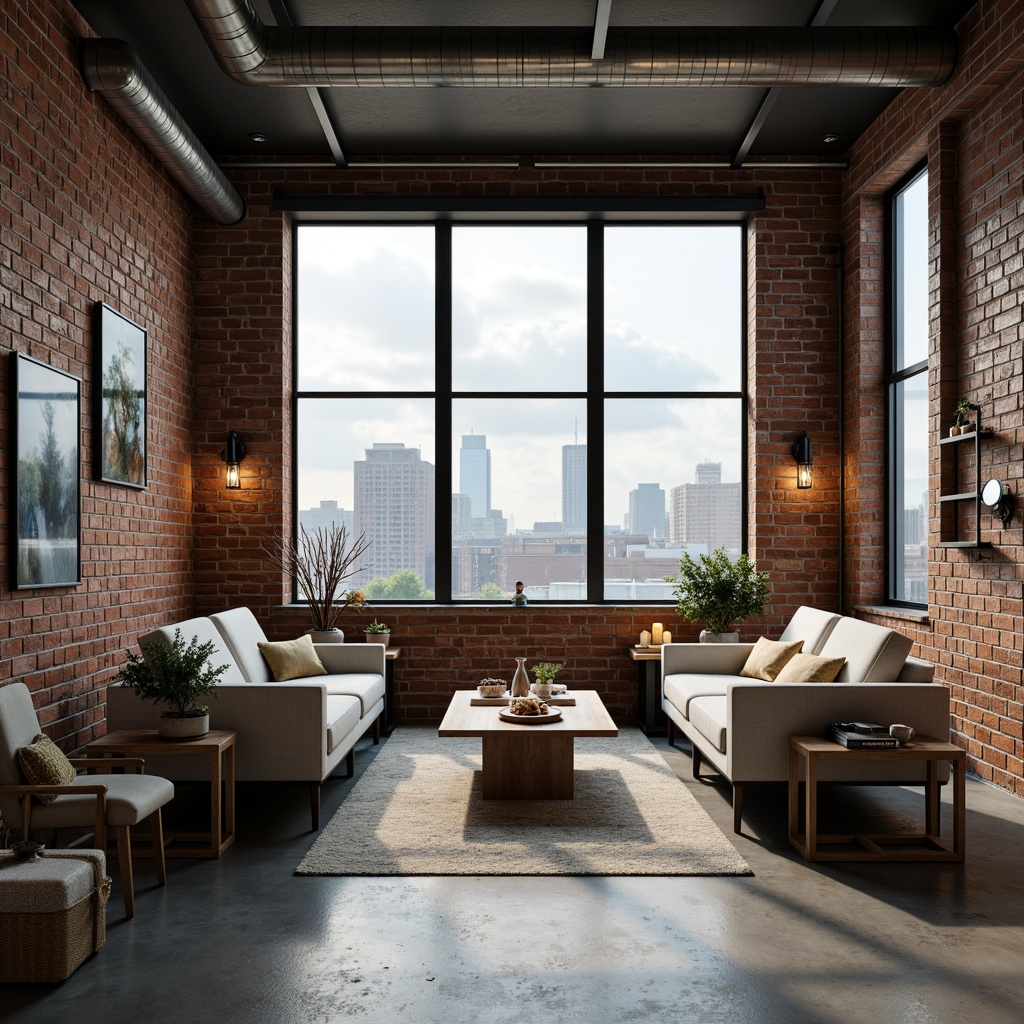 Prompt: Industrial chic loft, exposed brick walls, metal beams, concrete floors, reclaimed wood accents, minimalist sofas, low-profile coffee tables, industrial-style lighting fixtures, metal shelving units, urban landscape views, cloudy day, soft natural light, shallow depth of field, 1/1 composition, realistic textures, ambient occlusion.