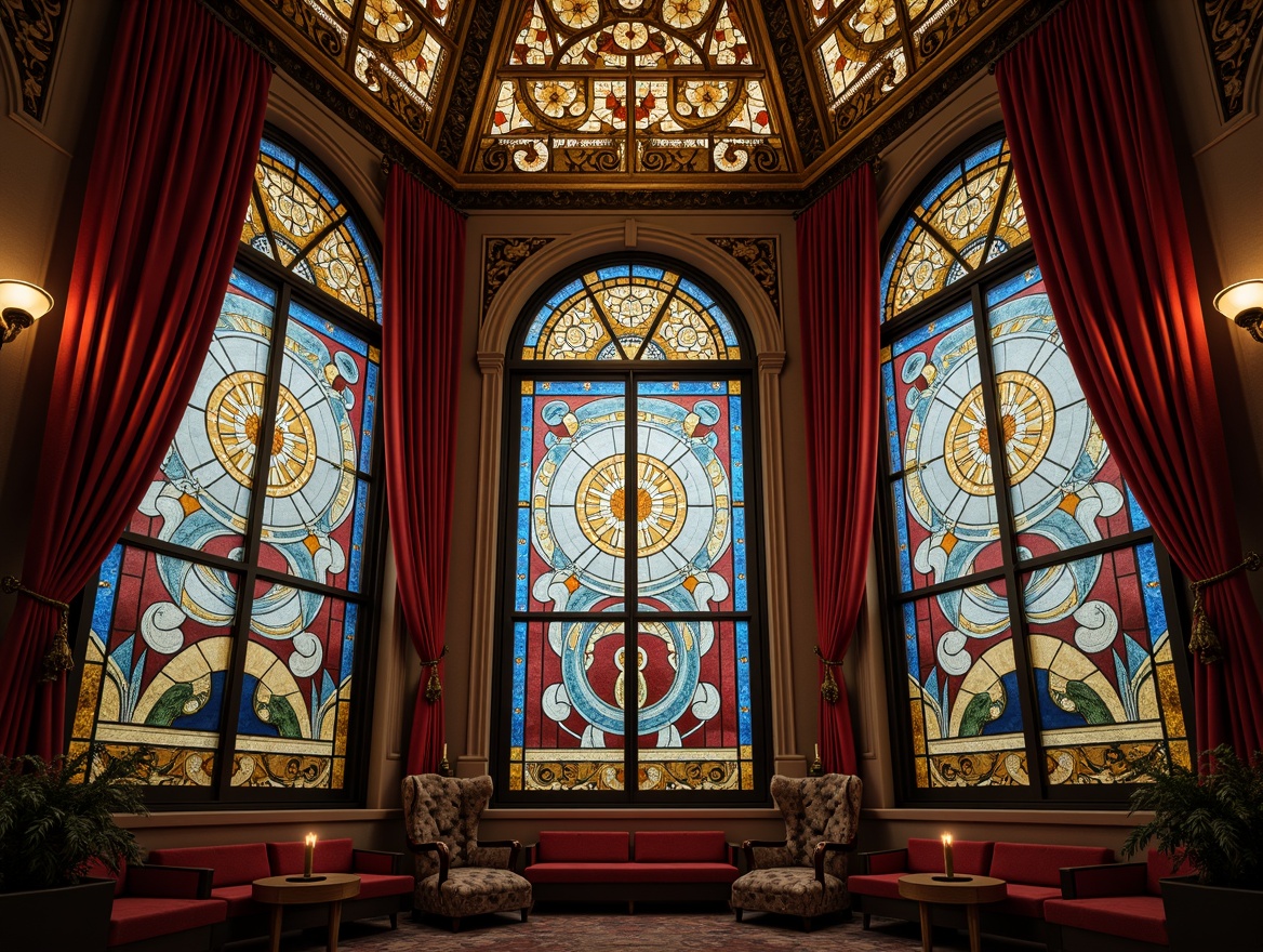 Prompt: Intricate stained glass windows, ornate metal frames, vivid colorful patterns, flowing organic shapes, luxurious velvet curtains, grand cinema palace, opulent Art Nouveau details, golden accents, soft warm lighting, shallow depth of field, 3/4 composition, cinematic close-ups, dramatic shadows, mystical ambiance, rich textures, atmospheric fog, subtle color grading.