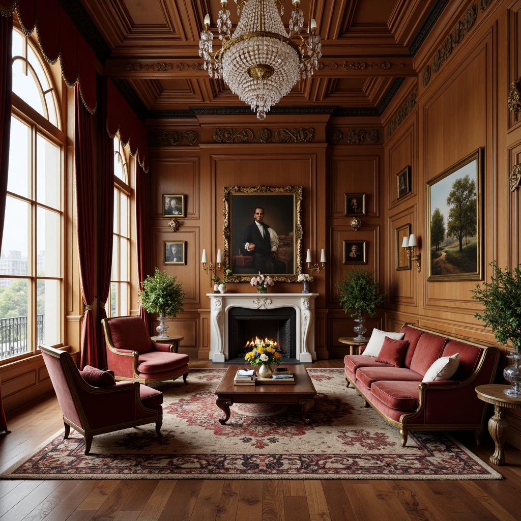 Prompt: Elegant living room, refined wood tones, ornate carvings, velvet upholstered sofas, antique armchairs, polished bronze legs, luxurious drapery, crystal chandeliers, classic oil paintings, rich walnut flooring, soft warm lighting, 1/1 composition, shallow depth of field, realistic textures, ambient occlusion.