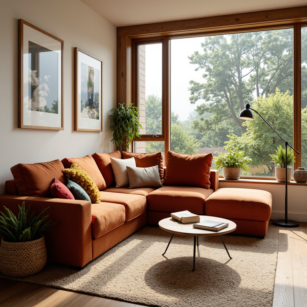 Prompt: Cozy living room, plush sectional sofa, soft velvet upholstery, wooden coffee table, minimalist metal legs, vibrant colorful throw pillows, natural woven baskets, industrial chic floor lamp, warm beige rug, comfortable reading nook, oversized windows, abundant natural light, 1/1 composition, softbox lighting, realistic wood textures, ambient occlusion.