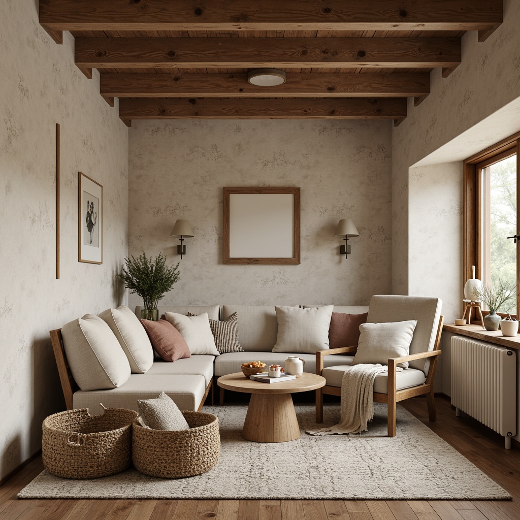 Prompt: Rustic wooden walls, natural stone textures, soft cream-colored plaster, minimalist decor, Nordic-inspired furniture, cozy throw blankets, woven baskets, earthy tone color palette, warm candle lighting, shallow depth of field, 1/1 composition, intimate atmosphere, realistic wood grain, ambient occlusion.