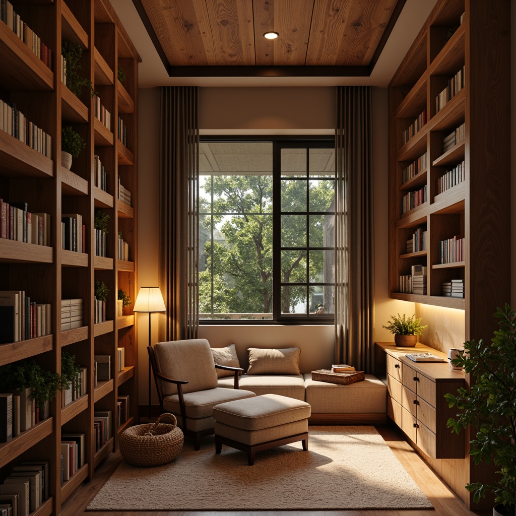 Prompt: Cozy reading nook, plush armchair, soft cushioning, warm wooden shelves, floor-to-ceiling bookcases, rustic wood accents, calming color palette, sound-absorbing acoustic panels, minimalist decor, natural textiles, woven baskets, potted greenery, softbox lighting, warm glow, intimate atmosphere, comfortable seating, ergonomic design, built-in reading lamp, wooden desk, leather-bound books, serene ambiance, peaceful retreat.