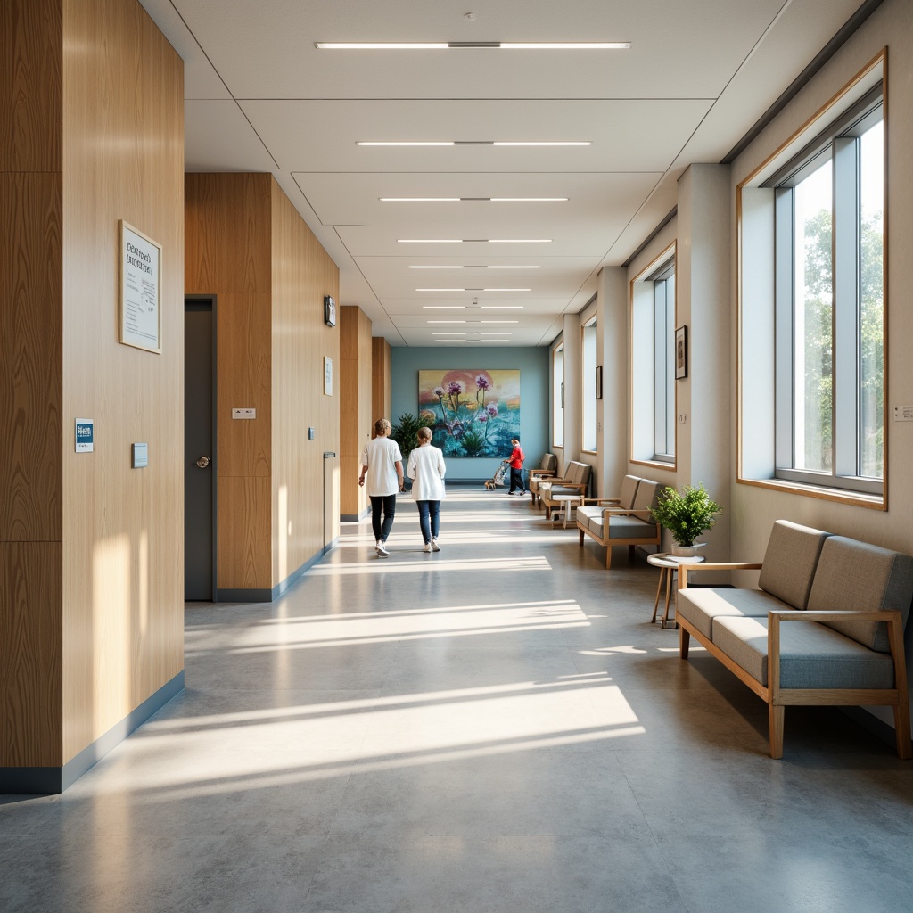 Prompt: Soothing hospital corridors, gentle LED lighting, warm beige walls, comfortable patient rooms, soft blue accents, calming waiting areas, natural light pouring through large windows, minimalist nurse stations, sleek metal fixtures, rounded corners, anti-bacterial coatings, subtle color transitions, indirect ceiling lights, warm wooden furniture, cozy reading nooks, peaceful art installations, calming nature-inspired murals, gentle spotlighting, shallow depth of field, 1/2 composition, realistic reflections, ambient occlusion.