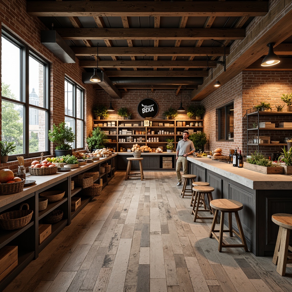 Prompt: Rustic grocery store interior, reclaimed wood flooring, distressed wooden planks, vintage metal accents, exposed brick walls, earthy color palette, warm lighting, natural stone countertops, woven wicker baskets, wooden crates, industrial metal shelving, matte finishes, textured concrete floors, rough-hewn timber beams, cozy atmosphere, soft shadows, 1/1 composition, shallow depth of field, realistic textures.