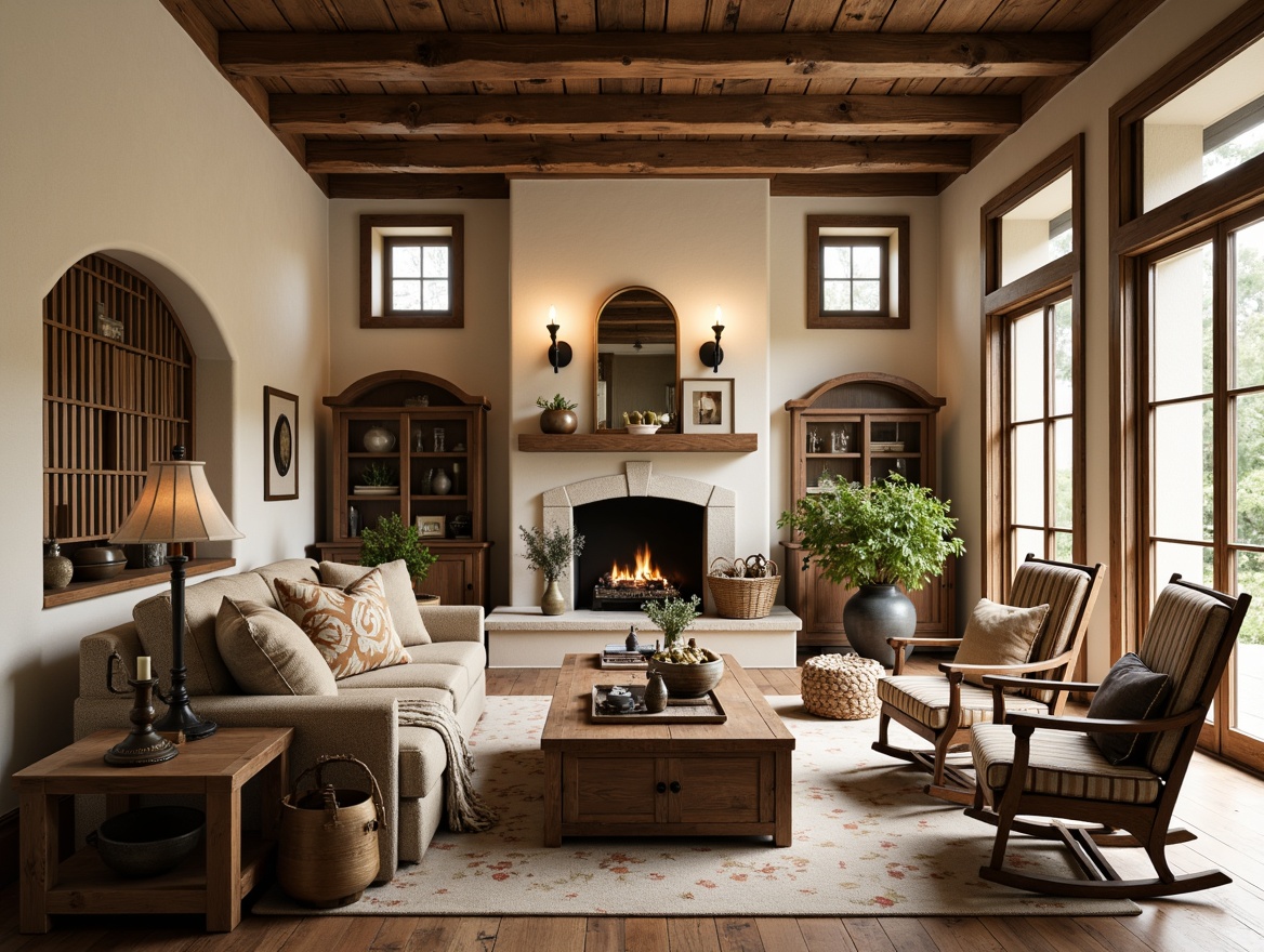 Prompt: Rustic farmhouse living room, vintage wooden furniture, distressed finishes, natural fabrics, earthy color palette, plush throw blankets, woven baskets, antique metalware, ornate candle holders, soft warm lighting, cozy window nooks, natural stone fireplaces, reclaimed wood accents, floral patterns, classic stripes, comfortable oversized armchairs, wooden rocking chairs, decorative vintage items, farmhouse-inspired wall decor, traditional country-style cabinetry, warm beige tones, inviting atmosphere, serene ambiance.