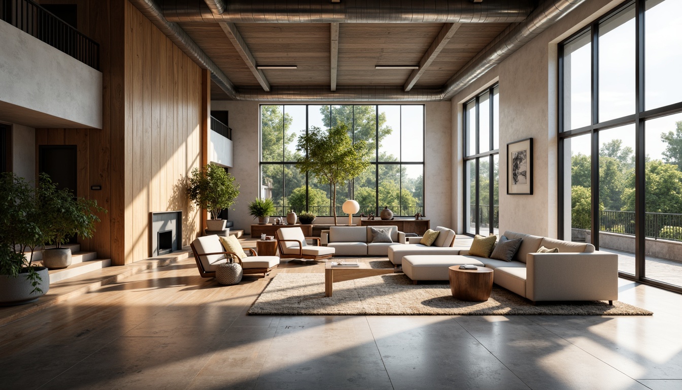 Prompt: Modern great room, open-plan living space, high ceilings, large windows, natural light pouring in, polished concrete floors, industrial-chic aesthetic, sleek hardwood flooring, minimalist design, neutral color palette, warm ambiance, cozy atmosphere, plush area rugs, comfortable seating arrangements, statement lighting fixtures, geometric patterns, metallic accents, luxurious textiles, soft warm glow, shallow depth of field, 1/1 composition, realistic reflections.