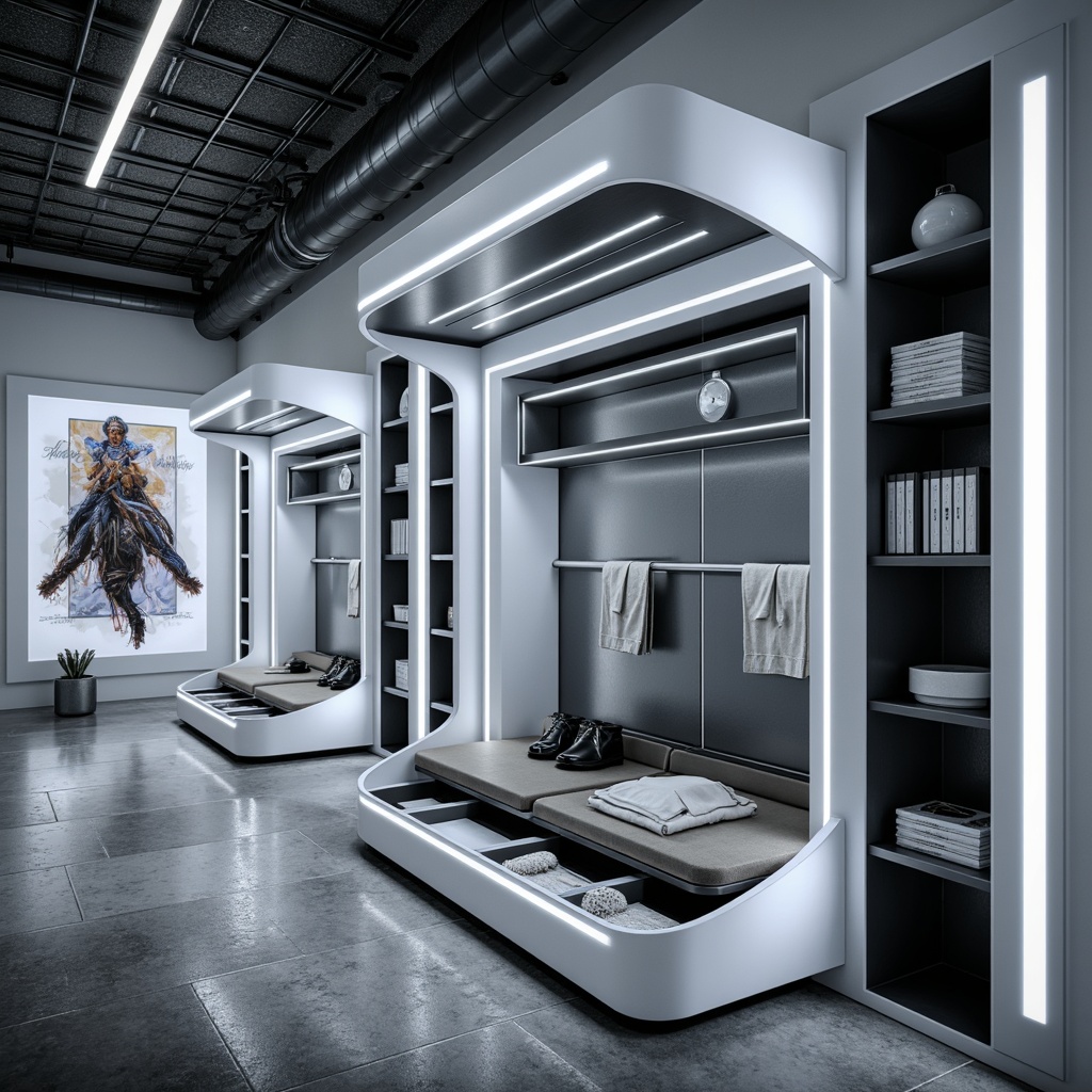 Prompt: Futuristic mudroom interior, sleek metal storage units, LED lighting strips, glossy white surfaces, angular lines, minimalist design, automated shelves, smart closet systems, motion-sensing lights, matte black accents, industrial-style pipes, exposed concrete floors, urban loft atmosphere, modern abstract art, 3D-printed decorative elements, high-tech gadget displays, hidden compartments, secret storage drawers, futuristic color scheme, neon-lit ambiance, shallow depth of field, 1/1 composition, realistic reflections.