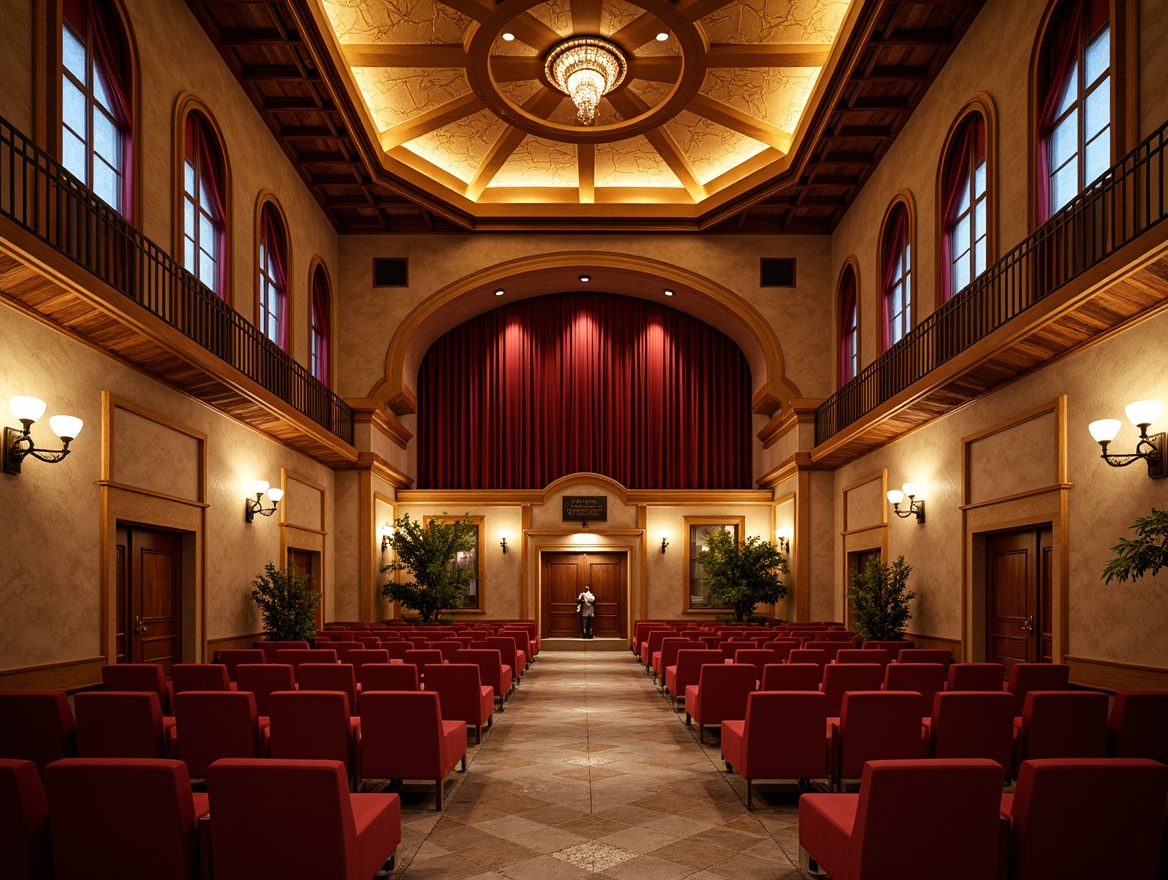 Prompt: Warm Mediterranean ambiance, ornate auditorium, rich wood tones, velvet curtains, golden accents, soft warm lighting, cove ceiling, intricate stucco patterns, rustic stone walls, arched windows, grand chandeliers, subtle LED lights, cozy seating areas, plush red chairs, ambient floor lamps, elegant sconces, dramatic spotlights, 3/4 composition, shallow depth of field, warm color palette, realistic textures, atmospheric lighting effects.