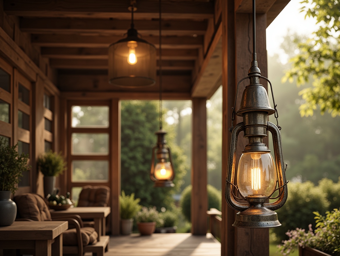 Prompt: Rustic farmhouse, vintage metal lanterns, distressed wood accents, earthy tones, warm soft lighting, pendant lights, exposed bulbs, metal shades, wooden beams, natural textures, country-style decor, cozy ambiance, relaxed atmosphere, morning sunlight, warm golden glow, shallow depth of field, 3/4 composition, realistic rendering.