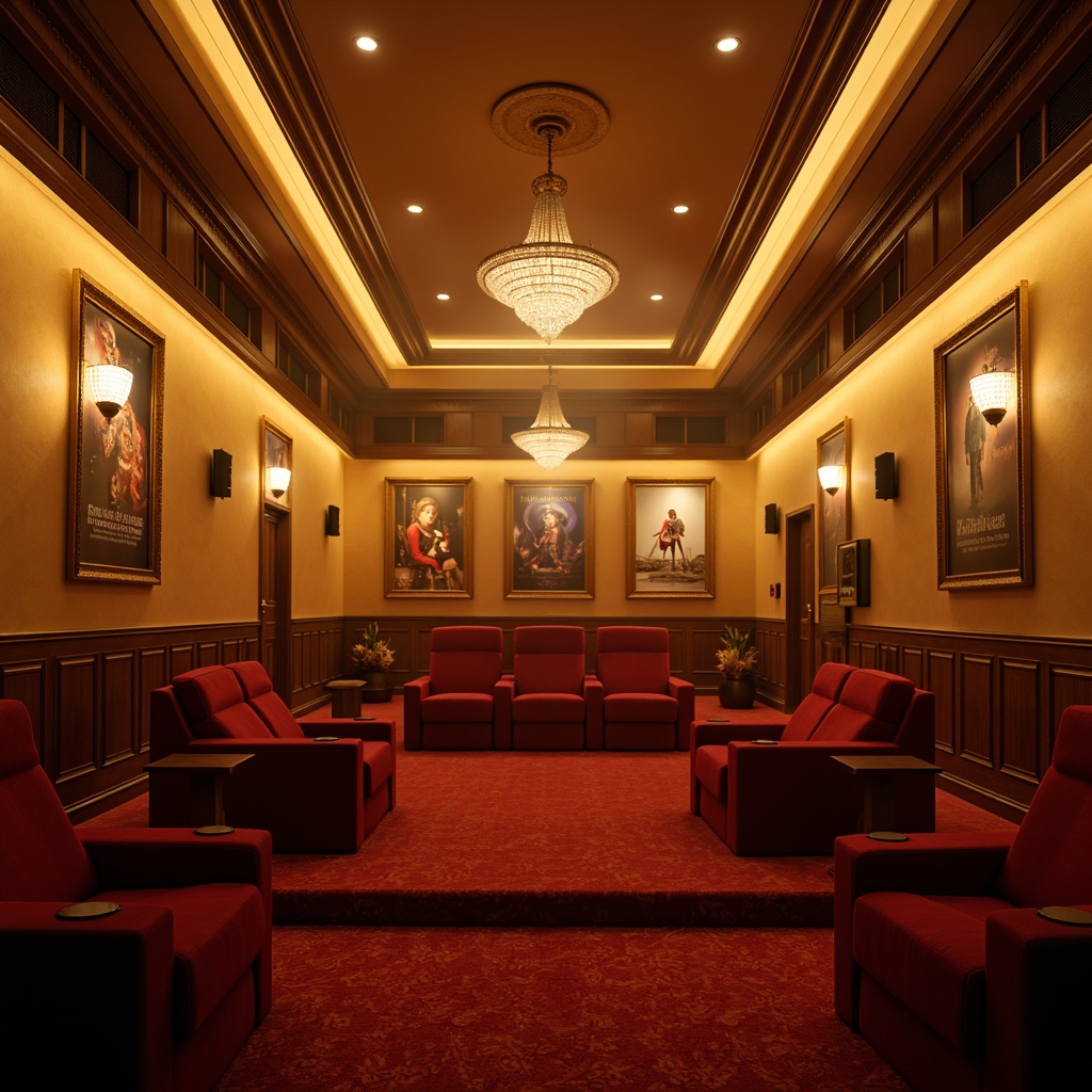 Prompt: Cozy cinema interior, warm golden lighting, soft velvet seats, rich wood accents, ornate decorative details, vintage film posters, dimmable floor lamps, intimate setting, atmospheric smoke effects, cinematic color palette, warm beige walls, luxurious red carpet, crystal chandeliers, subtle LED strips, ambient glow, dramatic spotlights, 180-degree viewing experience, immersive audio system, realistic sound effects.