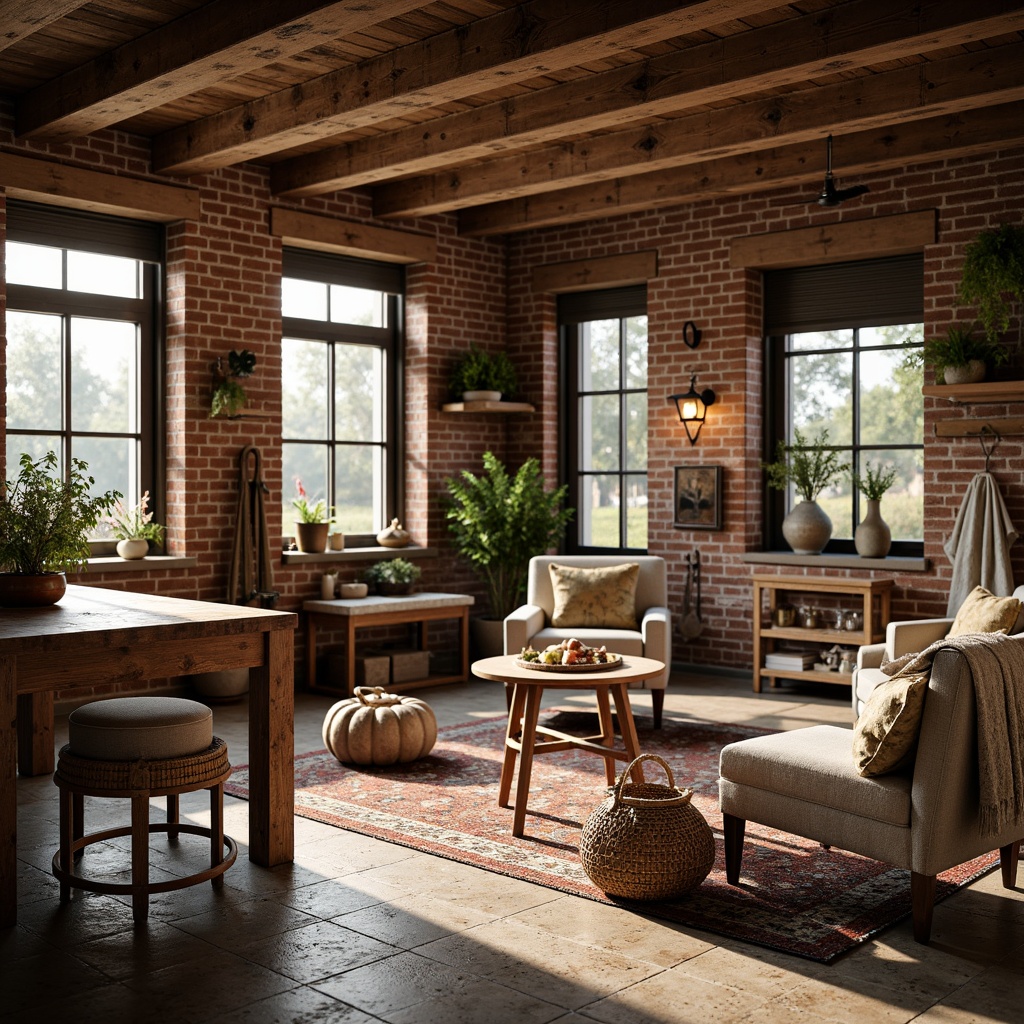 Prompt: Rustic farmhouse interior, wooden beams, exposed brick walls, vintage farm tools, distressed wood furniture, earthy color palette, natural stone flooring, plush area rugs, cozy throw blankets, metal lanterns, pendant lighting, woven baskets, potted greenery, floral patterns, soft warm lighting, shallow depth of field, 3/4 composition, intimate atmosphere, realistic textures, ambient occlusion.