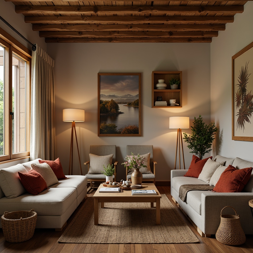 Prompt: Cozy living room, plush sofas, ergonomic chairs, wooden coffee tables, woven baskets, soft cushions, vibrant throw pillows, modern lamps, warm ambient lighting, comfortable reading nooks, spacious floor plans, functional storage units, minimalist decor, natural wood tones, earthy color schemes, textured rugs, calm atmosphere, 1/1 composition, realistic textures, subtle shadows.