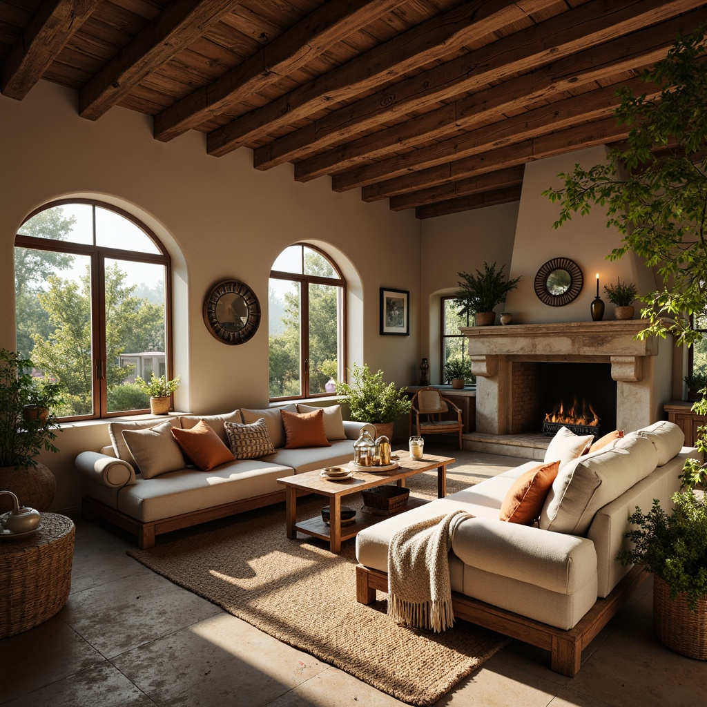 Prompt: Warm farmhouse, rustic wooden beams, vintage metal decor, soft candlelight, earthy color palette, muted sage greens, weathered wood tones, creamy whites, rich terracotta reds, warm golden yellows, natural linen textures, woven baskets, distressed finishes, cozy throw blankets, plush area rugs, lush greenery, sunny afternoon, soft warm lighting, shallow depth of field, 3/4 composition, intimate portrait orientation, realistic textures, ambient occlusion.