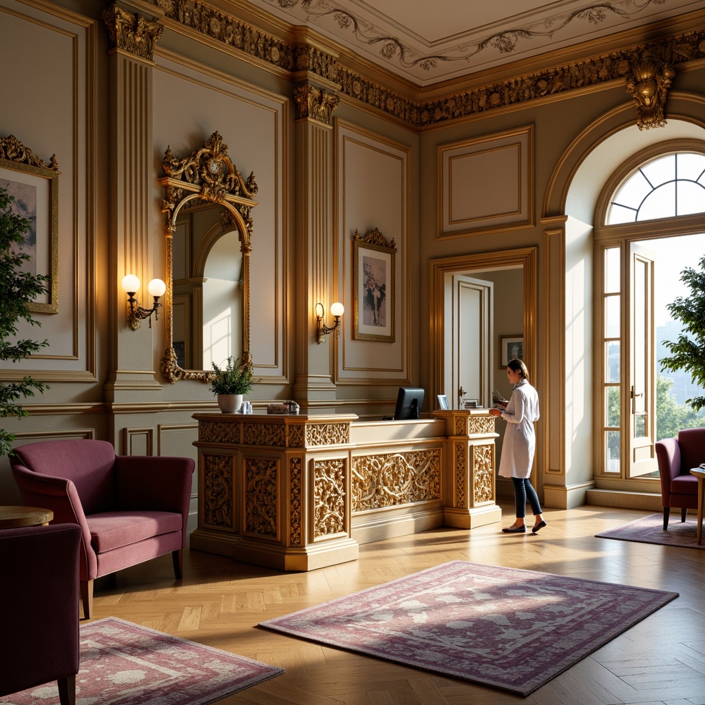 Prompt: Ornate clinic reception desk, curved wooden legs, intricately carved details, gilded accents, luxurious velvet upholstery, soft golden lighting, ornamental mirrors, delicate plasterwork, elegant archways, refined medical equipment, comfortable waiting area furniture, carved wooden paneling, floral patterned rugs, subtle scent of lavender, warm beige color scheme, 1/1 composition, shallow depth of field, realistic textures, ambient occlusion.