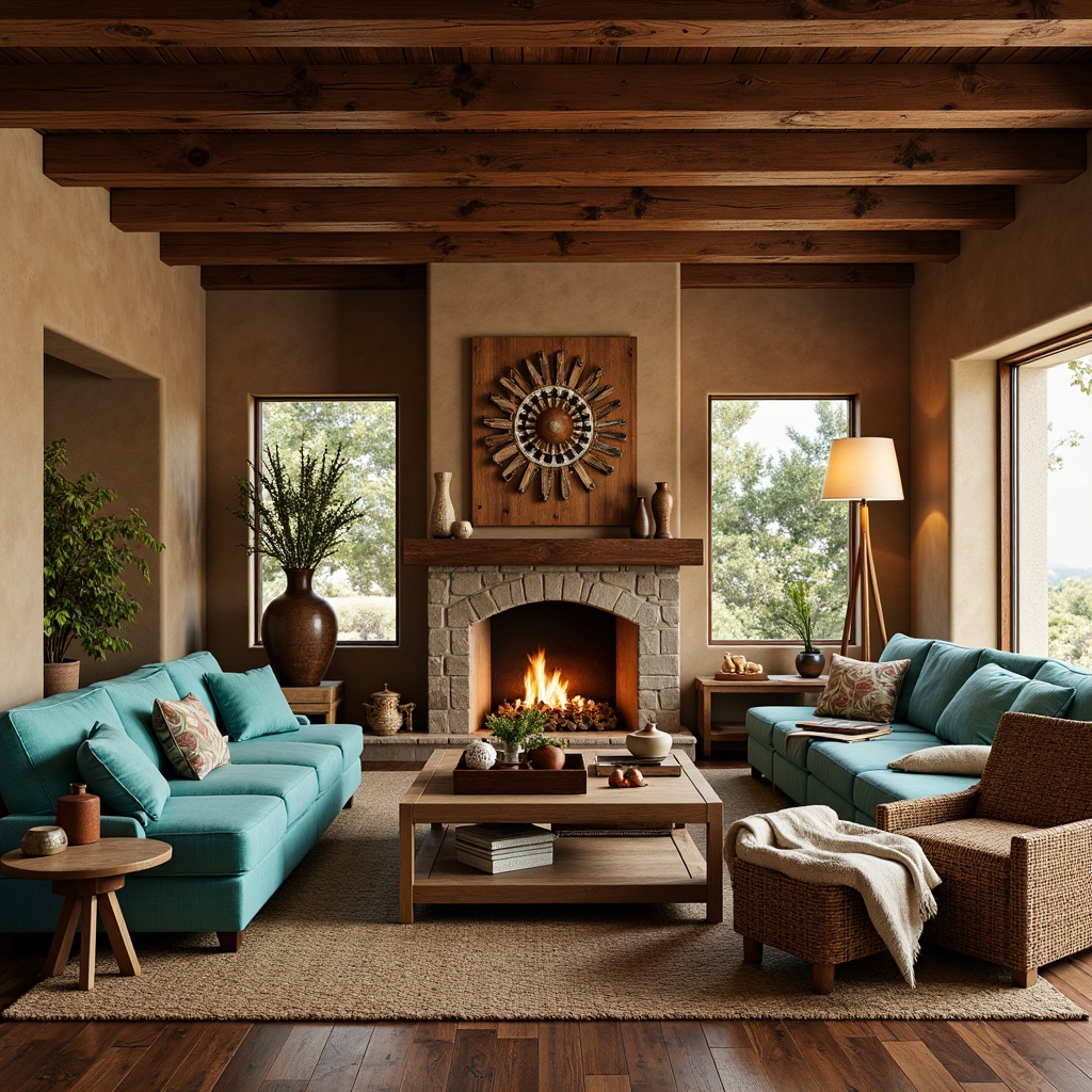 Prompt: Southwestern-inspired living room, earthy tones, rustic wooden accents, woven textiles, vibrant turquoise hues, natural stone walls, cozy fireplaces, plush furnishings, ambient warm lighting, soft focus, shallow depth of field, 1/2 composition, relaxed atmosphere, intimate gathering spaces, sound-absorbing materials, acoustic panels, geometric patterns, traditional Native American motifs, woven baskets, nature-inspired decor.