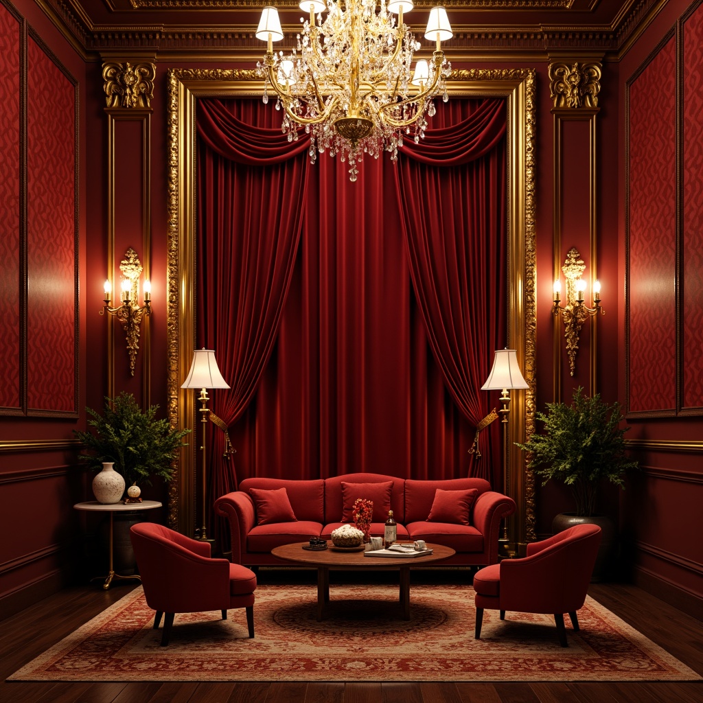 Prompt: Rich velvet drapes, ornate golden frames, luxurious crimson walls, intricate molding details, Baroque-inspired patterns, grandiose chandeliers, opulent furnishings, lavish textiles, dramatic lighting effects, cinematic color palette, 1930s Hollywood glamour, nostalgic ambiance, warm soft focus, shallow depth of field, symmetrical composition, realistic materials, ambient occlusion.