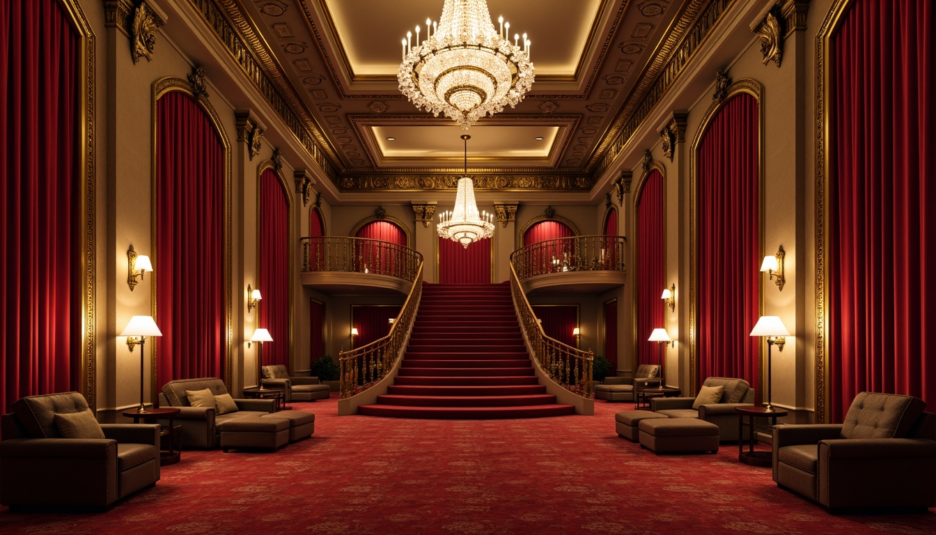 Prompt: Luxurious cinema interior, rich velvet curtains, ornate golden frames, crystal chandeliers, grand staircases, plush red carpets, intricate moldings, decorative ceiling details, warm soft lighting, subtle spotlighting, elegant sconces, refined table lamps, sophisticated floor lamps, opulent pendant lights, majestic cove lighting, lavish wall washes, dramatic high-contrast lighting, cinematic camera angles, 1/2 composition, low-key lighting, realistic reflections, ambient occlusion.