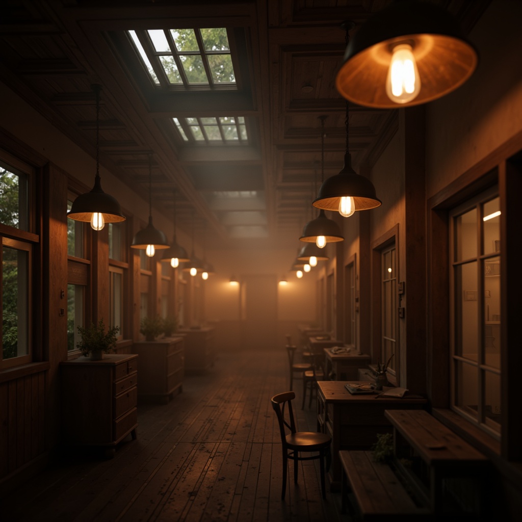 Prompt: Warm ambient lighting, cozy pendant lamps, industrial metal shades, vintage Edison bulbs, rustic wooden fixtures, soft warm glow, atmospheric mist, foggy atmosphere, mystical forest, eerie twilight, dimly lit corridors, abandoned asylum, creepy mansion, horror movie setting, low-key lighting, dramatic shadows, high-contrast ratios, cinematic composition, 2.35