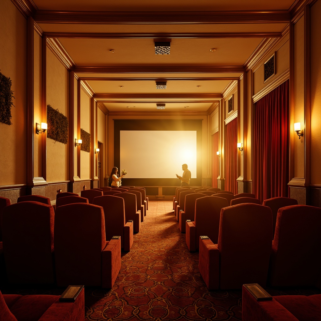 Prompt: Cozy cinema interior, warm golden lighting, soft glow of movie screens, plush velvet seats, rich red curtains, ornate decorations, intricate moldings, dimmable sconces, floor lamps, table lamps, warm beige walls, dark wood accents, luxurious carpets, atmospheric fog effects, cinematic color grading, high contrast ratio, dramatic spotlights, subtle ambient lighting, 1/2 composition, cinematic framing, shallow depth of field, realistic render.