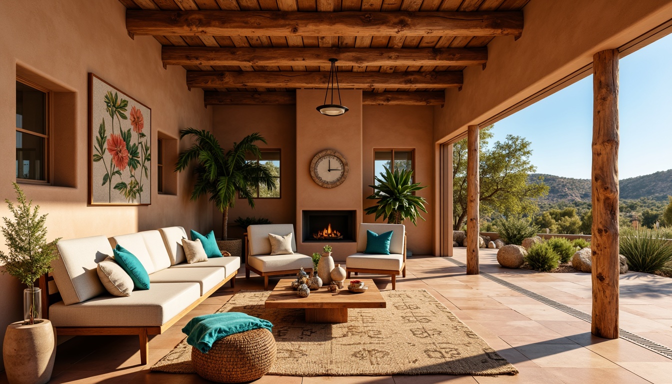 Prompt: Southwestern-style living room, warm earthy tones, terracotta floors, adobe-inspired architecture, plush sectional sofas, vibrant turquoise accents, natural fiber rugs, woven baskets, geometric patterned textiles, rustic wooden coffee tables, pendant lanterns, abundant greenery, floor-to-ceiling windows, sliding glass doors, sunny desert landscape views, warm golden lighting, shallow depth of field, 1/1 composition, realistic textures, ambient occlusion.