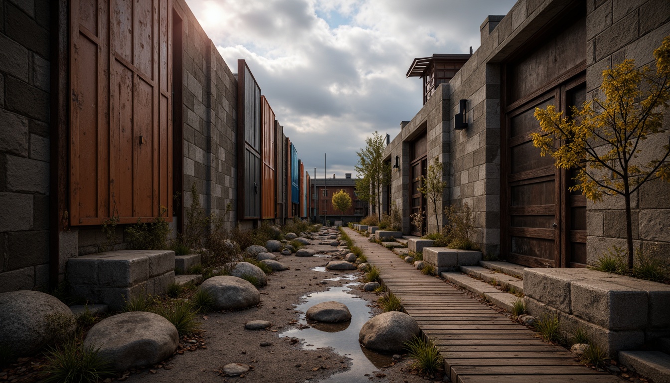 Prompt: Rustic wooden planks, distressed metal panels, rough stone walls, earthy terrain, overcast skies, dramatic shadows, warm ambient lighting, 1/2 composition, low-angle shot, realistic normal maps, subtle specular highlights, weathered concrete textures, moss-covered stones, reclaimed wood accents, industrial chic aesthetic, post-apocalyptic atmosphere.