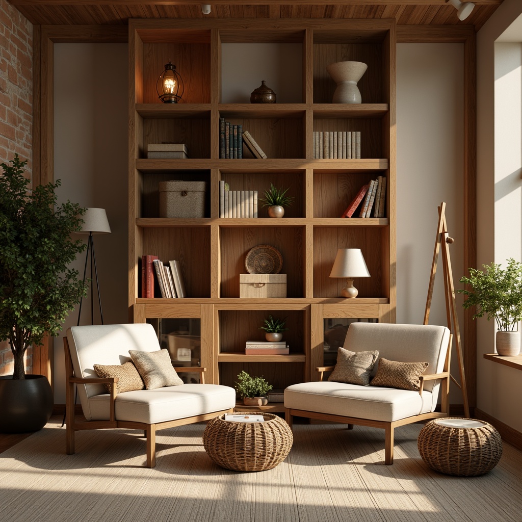 Prompt: Cozy reading nook, warm wooden shelving, plush armchairs, soft cushions, calming color palette, natural textiles, woven baskets, acoustic panels, sound-absorbing materials, minimalist decor, floor lamps, warm lighting, quiet atmosphere, book collections, comfortable seating areas, peaceful ambiance, relaxing vibe, 1/1 composition, shallow depth of field, soft focus, subtle shadows.