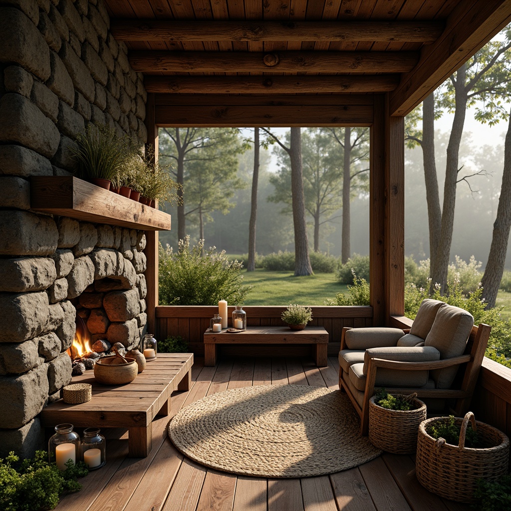 Prompt: Rustic cabin, wooden logs, stone fireplace, earthy tones, natural textures, woven baskets, vintage furniture, distressed wood, metal lanterns, candles, warm lighting, cozy atmosphere, forest surroundings, tall trees, wildflowers, misty morning, soft sunlight, 3/4 composition, shallow depth of field, realistic wood grain, ambient occlusion.