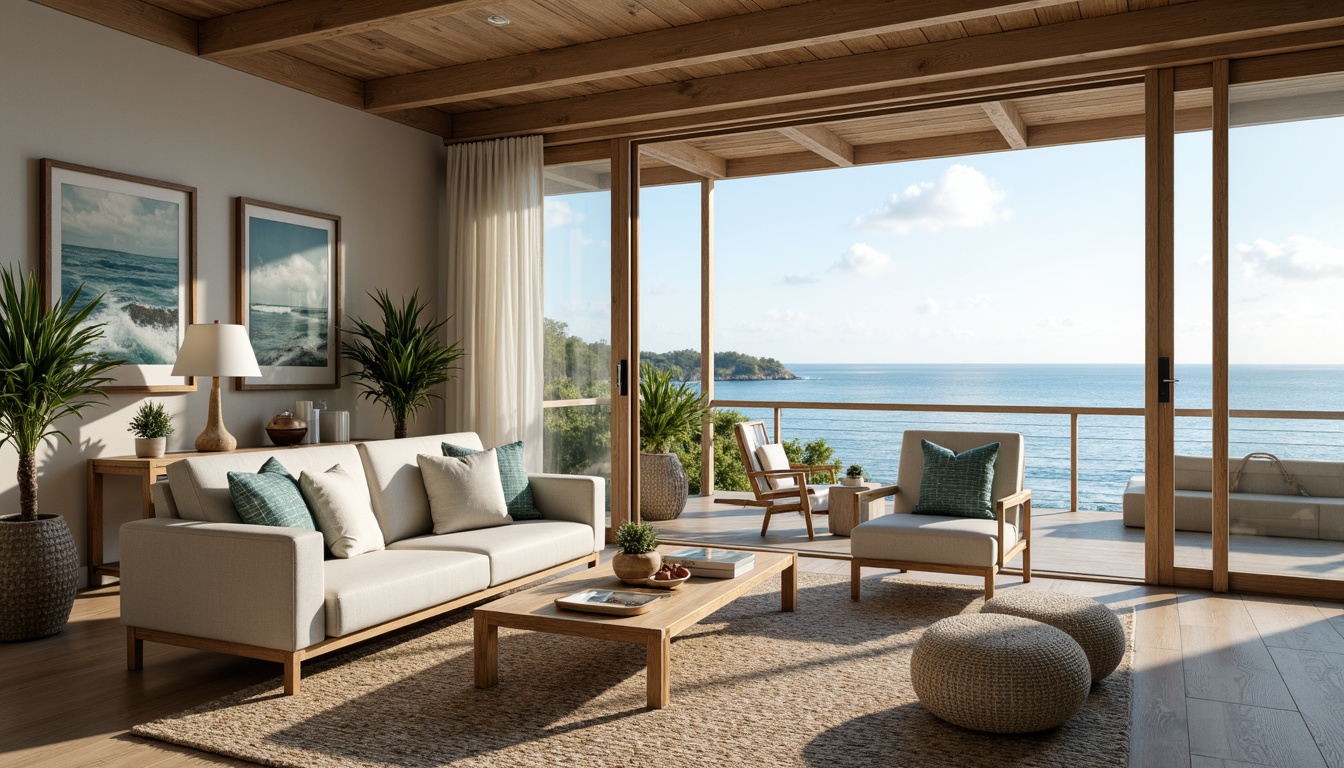 Prompt: Coastal living room, calming ocean views, sound-absorbing acoustic panels, natural wood textures, woven sea grass-inspired rugs, driftwood accents, soothing blue-green color palette, comfortable plush furniture, floor-to-ceiling windows, sliding glass doors, outdoor patio seating, seaside ambiance, gentle wave sounds, warm soft lighting, shallow depth of field, 1/1 composition, realistic reflections, ambient occlusion.