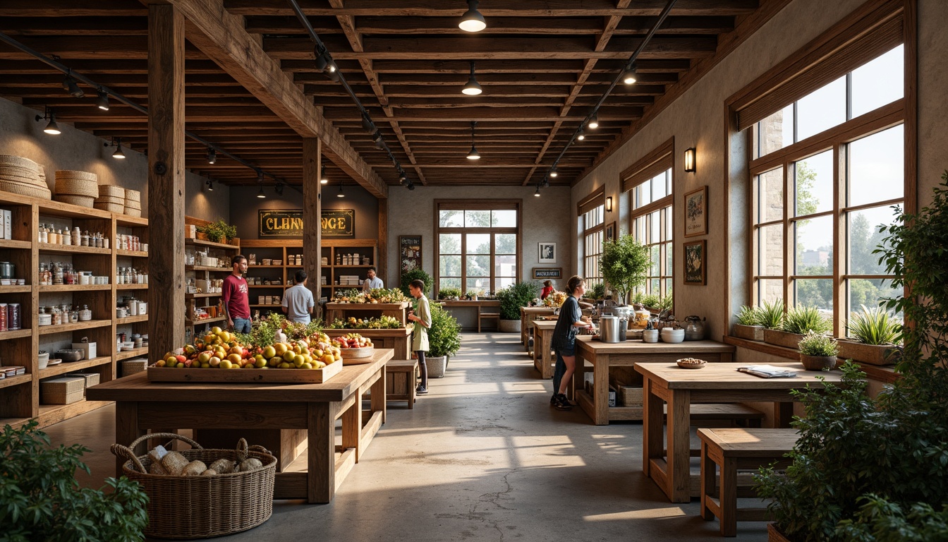 Prompt: Rustic grocery store, distressed wood accents, reclaimed wooden planks, worn stone flooring, earthy tone ceramics, rough-hewn concrete surfaces, vintage-inspired metal signs, exposed brick walls, industrial-style lighting fixtures, warm ambient glow, shallow depth of field, 1/1 composition, natural textures, realistic reflections, atmospheric mist.