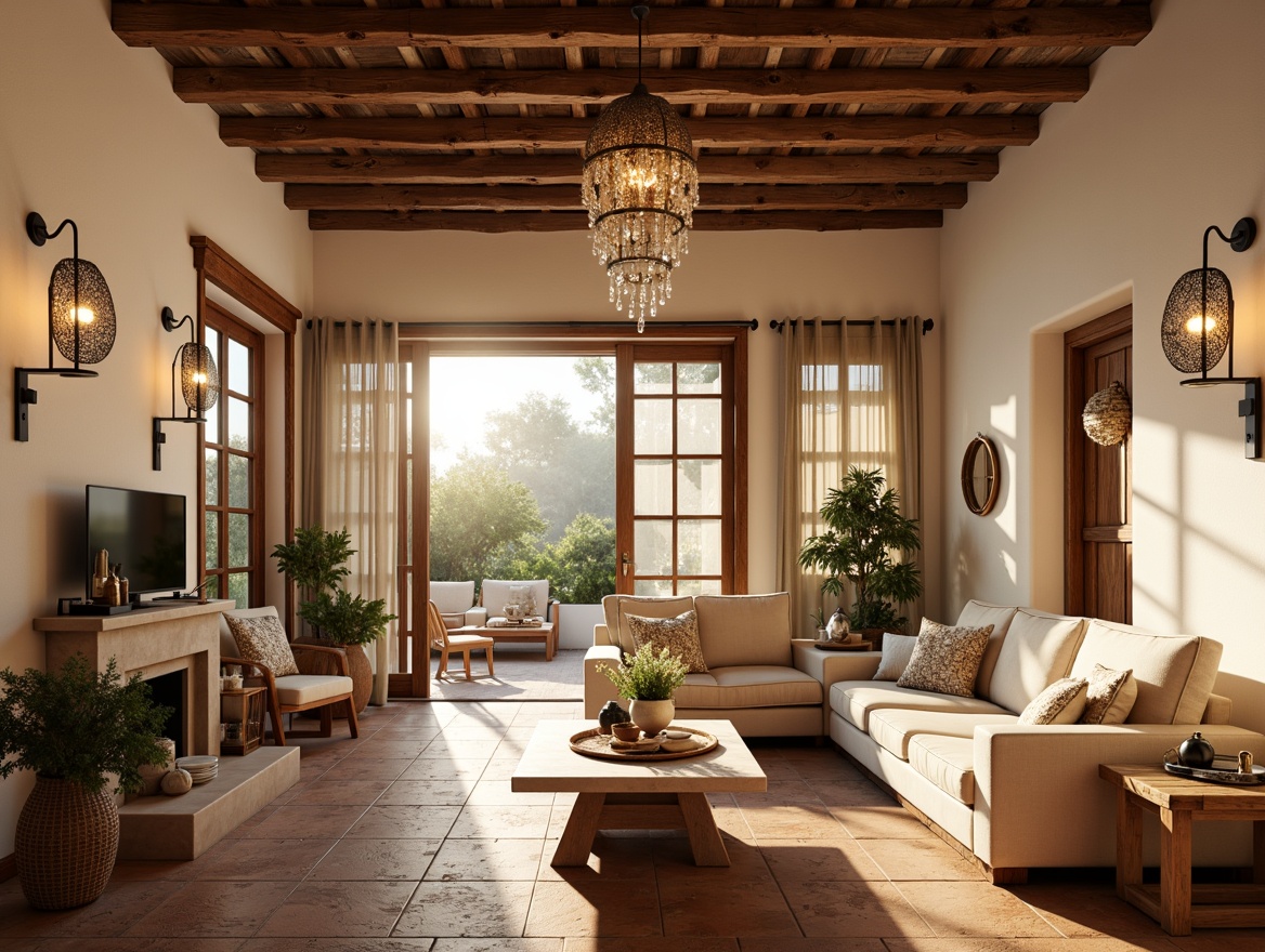 Prompt: Warm Mediterranean interior, soft warm lighting, creamy white walls, rustic wooden beams, terracotta tiles, ornate metal lanterns, crystal chandeliers, candlelight ambiance, natural textiles, woven baskets, vintage furniture pieces, earthy color palette, sun-kissed atmosphere, large windows, sliding glass doors, sheer curtains, gentle breeze, warm golden lighting, layered lighting effects, cozy reading nooks, intimate dining settings.