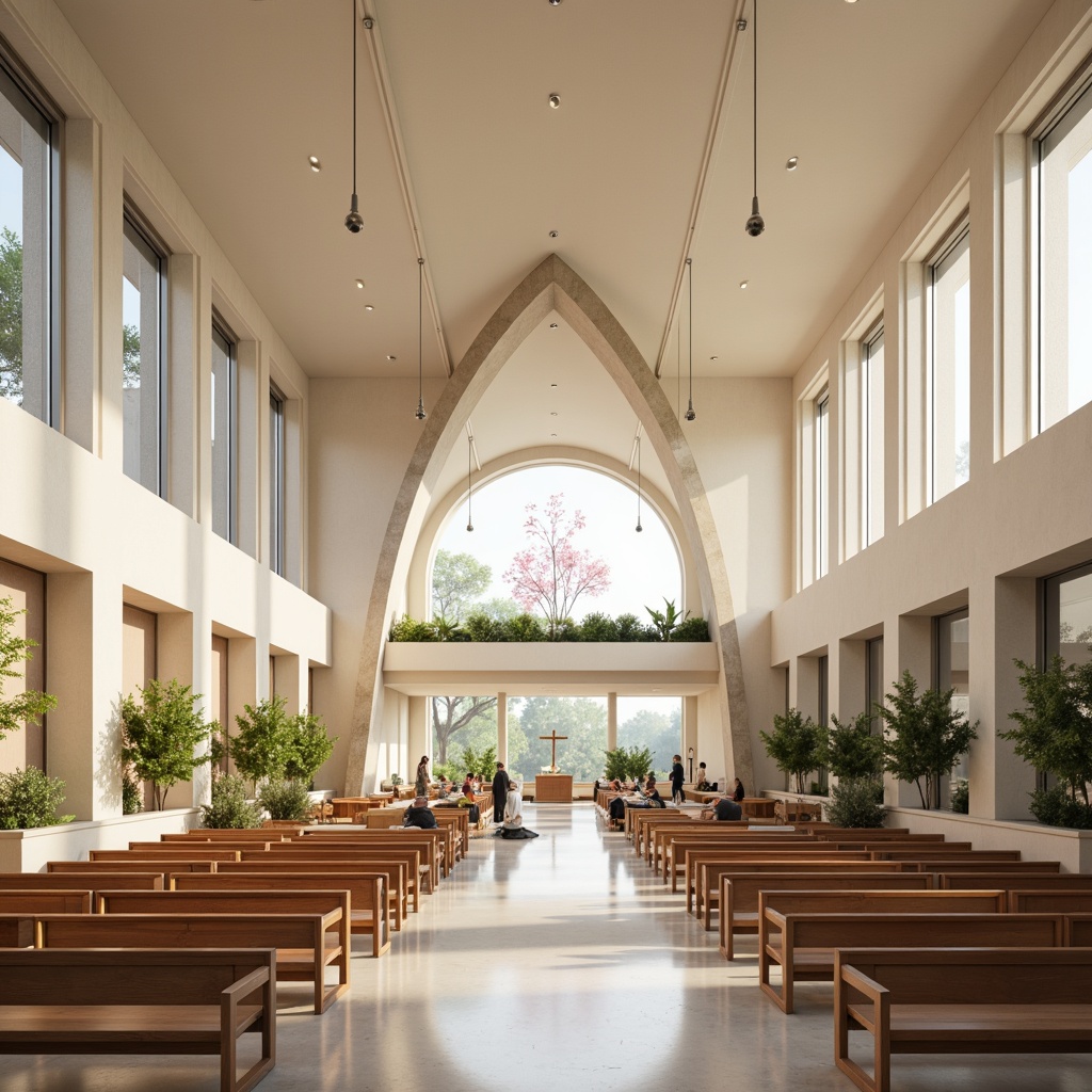 Prompt: Sleek religious architecture, minimalist decor, natural light pouring in, floor-to-ceiling windows, white marble floors, simple wooden pews, subtle stained glass patterns, soft warm lighting, shallow depth of field, 1/1 composition, symmetrical balance, calming atmosphere, peaceful ambiance, gentle color palette, cream-colored walls, polished metal accents, modern chandeliers, refined lines, organic textures, subtle spiritual symbols, serene sculptures, abstract artwork, natural stone features, blooming plants, subtle fragrance, warm beige tones.