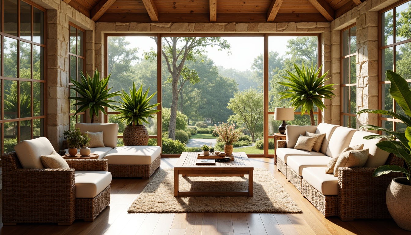 Prompt: Cozy sunroom, natural stone walls, large windows, sliding glass doors, wicker furniture, plush cushions, vibrant tropical plants, rattan coffee table, comfortable sectional sofa, warm wood accents, soft pastel colors, ambient lighting, sheer curtains, panoramic outdoor views, sunny day, gentle breezes, relaxed atmosphere, nature-inspired decor, organic textures.