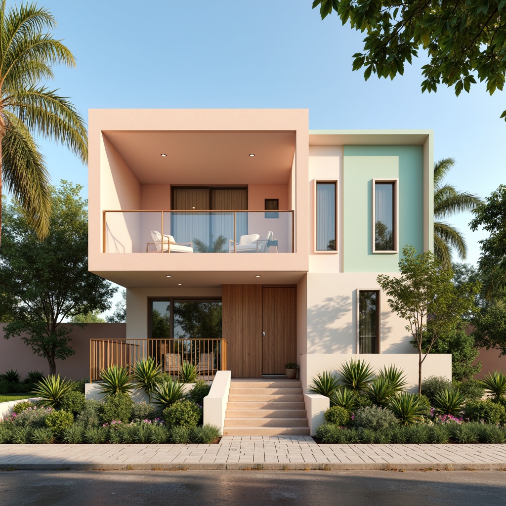 Prompt: Vibrant modern architecture, trendy color scheme, pastel hues, soft peach tones, calming mint greens, rich charcoal grays, creamy whites, bold accent walls, metallic finishes, natural wood textures, sleek glass surfaces, minimalist decor, abundant greenery, warm sunny day, soft diffused lighting, 1/1 composition, realistic renderings.