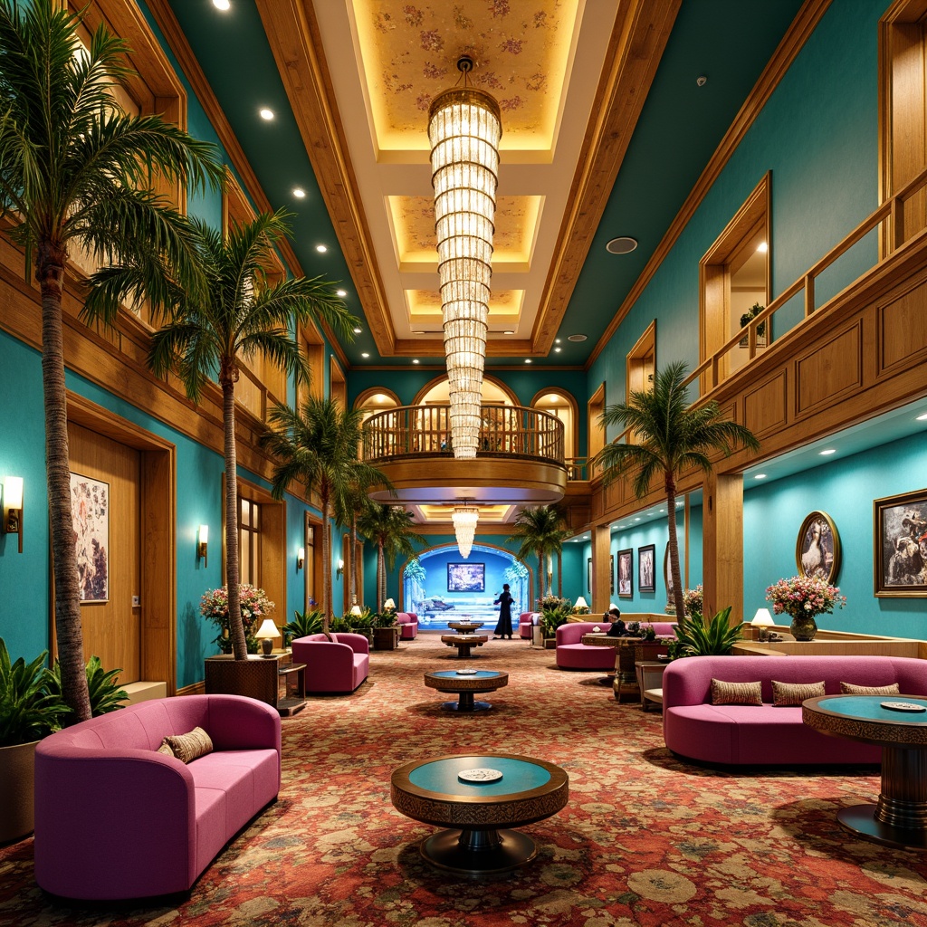 Prompt: Vibrant casino interior, coastal theme, rich turquoise walls, warm golden lighting, luxurious velvet furnishings, ornate wooden accents, shimmering crystal chandeliers, metallic gold details, plush carpets, ocean-inspired artwork, natural stone flooring, beachy driftwood decor, soft blue-green hues, tropical palm trees, exotic floral arrangements, lively coral patterns, sunset-inspired color scheme, warm beige tones, dramatic high ceilings, elegant curves, sophisticated ambiance, inviting atmosphere.