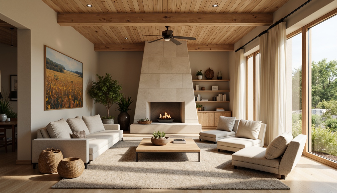 Prompt: \Cozy living room, warm beige walls, soft cream furniture, rich wood accents, plush area rugs, natural stone fireplace, large windows, gentle diffused lighting, 3/4 composition, warm earthy tones, inviting textures, subtle patterned fabrics, comfortable seating, calming atmosphere, serene ambiance.\