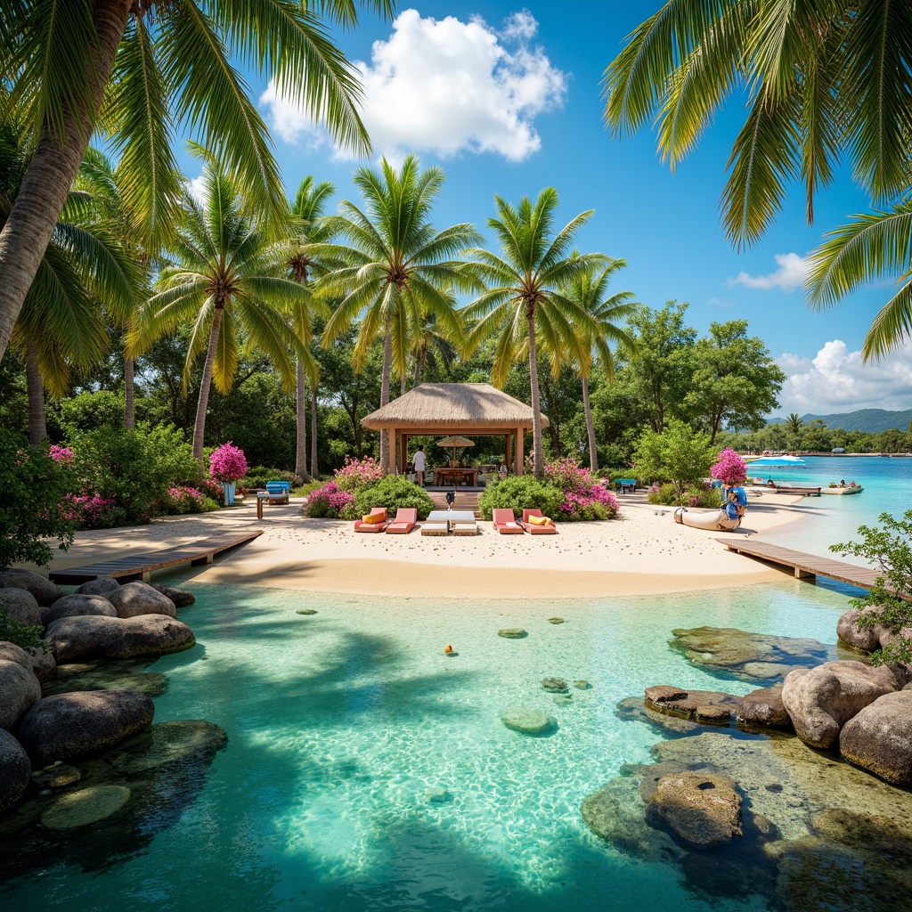 Prompt: Vibrant tropical island, lush green palm trees, bright floral arrangements, warm sandy beach, crystal-clear turquoise water, colorful coral reefs, exotic seashells, rustic wooden docks, vibrant beach balls, lively surfboards, sunny afternoon, soft warm lighting, shallow depth of field, 3/4 composition, panoramic view, realistic textures, ambient occlusion.