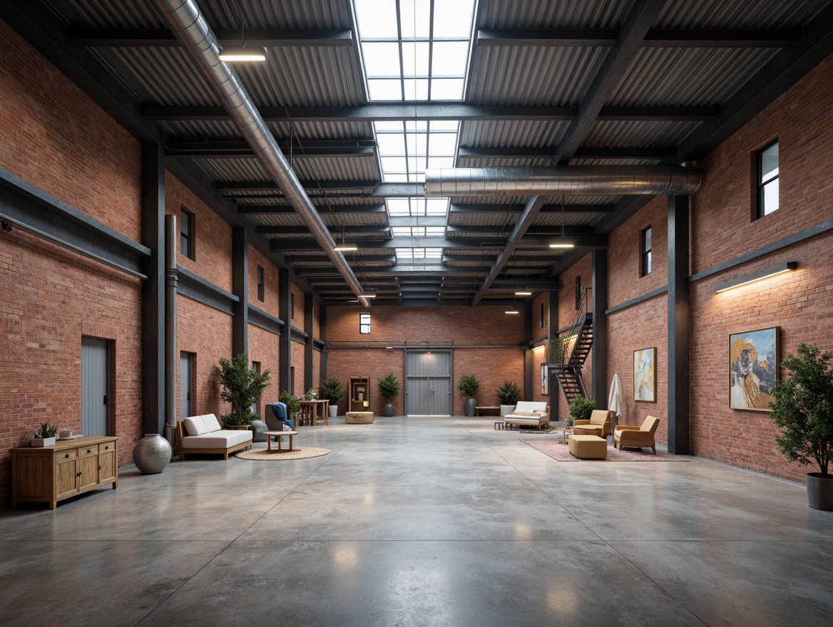 Prompt: Industrial warehouse, exposed brick walls, polished concrete floors, metal beams, minimalist decor, functional lighting, open spaces, reclaimed wood accents, neutral color palette, industrial chic aesthetic, urban atmosphere, natural light pouring through skylights, subtle textures, 1/1 composition, softbox lighting, cinematic mood, realistic materials, ambient occlusion.