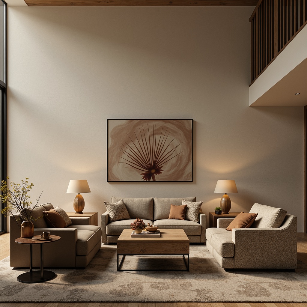 Prompt: Cozy living room, plush sofas, velvety armchairs, wooden coffee tables, minimalist decor, soft cushions, ergonomic design, adjustable headrests, sturdy metal legs, rich wood grain textures, subtle patterned upholstery, warm beige colors, softbox lighting, 1/1 composition, intimate atmosphere, realistic fabric simulations.