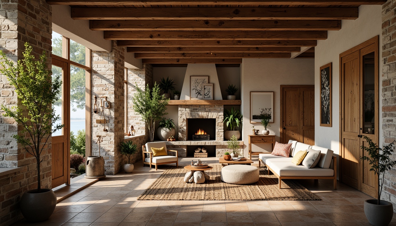 Prompt: Rustic farmhouse interior, reclaimed wood accents, natural stone walls, earthy color palette, woven textiles, vintage metal decor, distressed finishes, wooden beams, exposed brick, ceramic tiles, greenery, potted plants, warm soft lighting, cozy atmosphere, 1/1 composition, realistic textures, ambient occlusion.