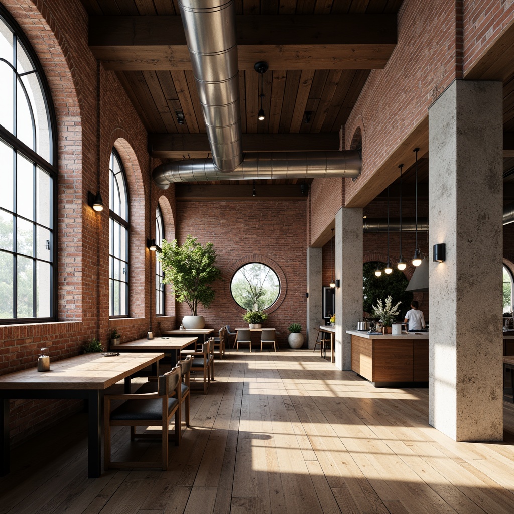 Prompt: Exposed brick walls, distressed wood floors, metallic accents, reclaimed lumber, industrial-style lighting fixtures, polished concrete countertops, rough-hewn stone columns, urban loft atmosphere, minimalist decor, functional simplicity, rustic charm, warm earthy tones, rich textures, dramatic shadows, high ceilings, open space layout, modern industrial chic aesthetic.