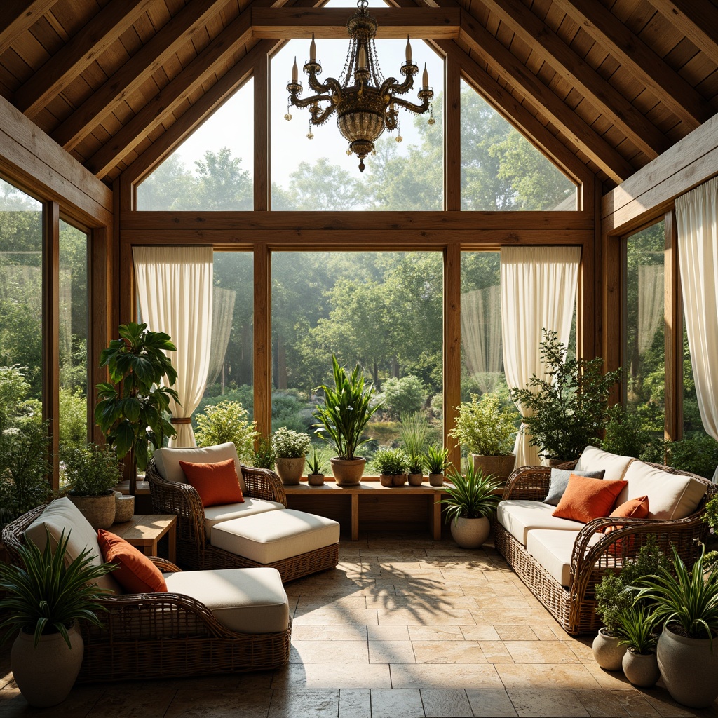 Prompt: Cozy sunroom, lush greenery, natural stone flooring, rustic wooden beams, large skylights, warm ambient lighting, plush wicker furniture, vibrant colorful throw pillows, decorative ceramic vases, exotic potted plants, soft billowy curtains, elegant chandeliers, minimal ornamentation, airy feel, peaceful atmosphere, warm sunny day, shallow depth of field, 1/1 composition, realistic textures, ambient occlusion.