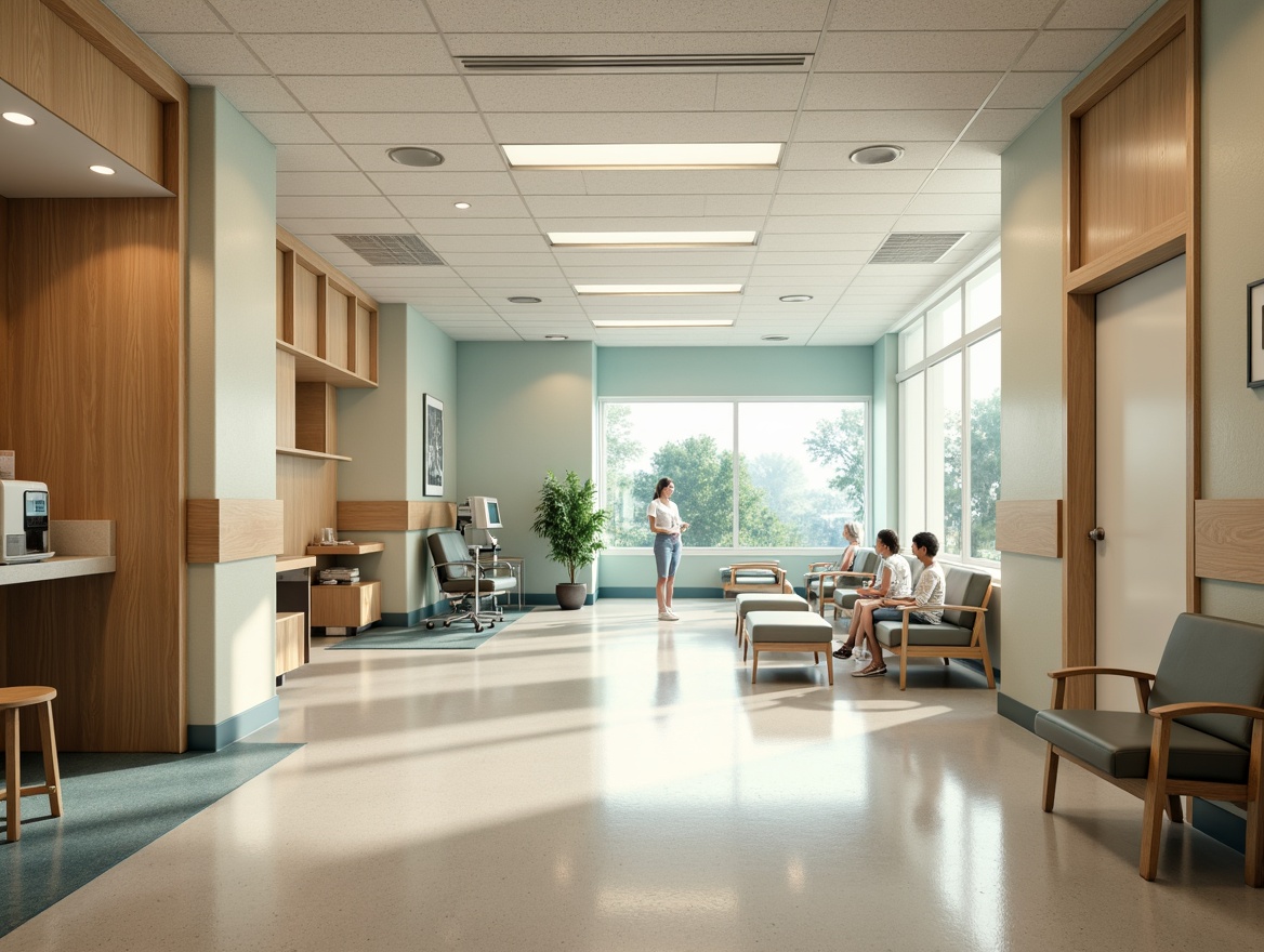 Prompt: Calming hospital interior, soothing color scheme, gentle beige walls, warm wood accents, soft blue-green hues, natural light filtering, comfortable patient rooms, serene waiting areas, modern medical equipment, stainless steel surfaces, ergonomic furniture, acoustic ceiling tiles, subtle texture variations, warm LED lighting, shallow depth of field, 1/1 composition, realistic materials, ambient occlusion.