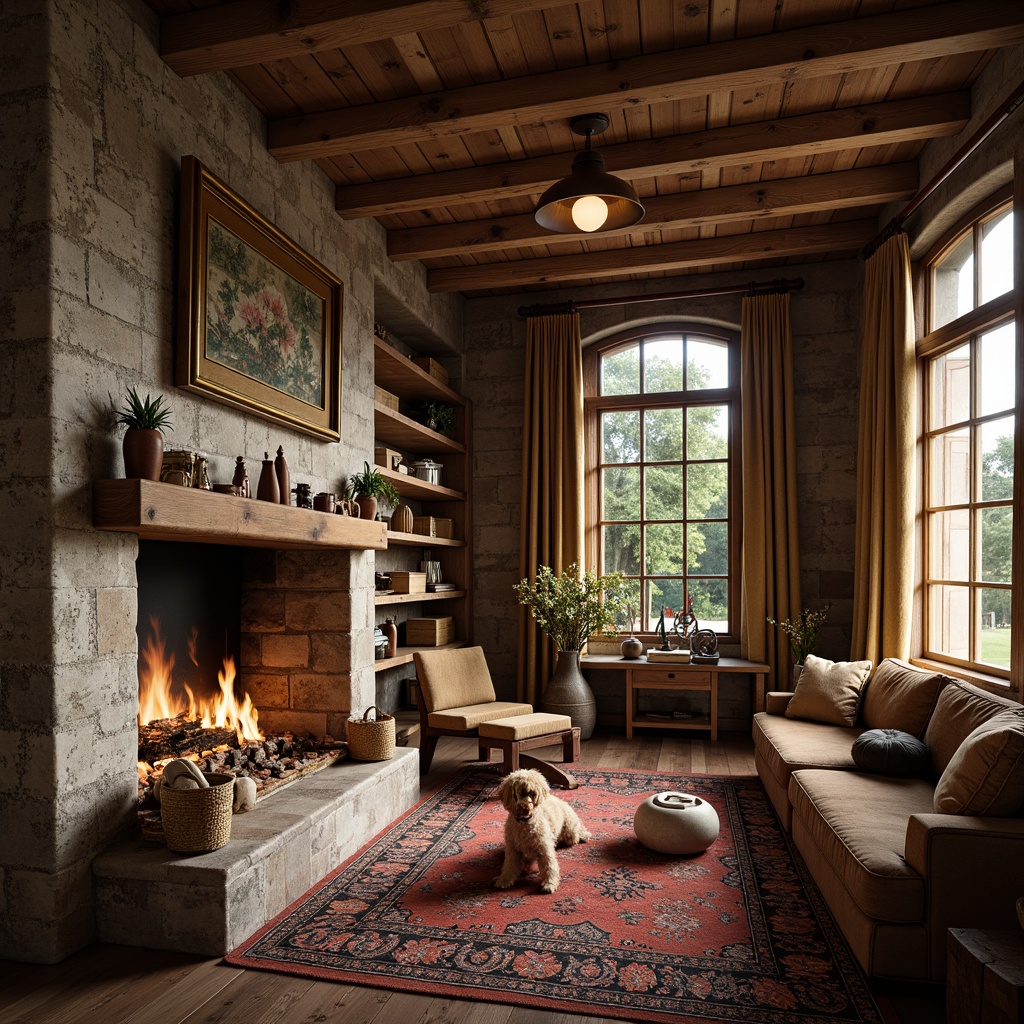 Prompt: Rustic wooden accents, distressed finishes, natural stone walls, earthy color palette, cozy fireplaces, plush furnishings, woven baskets, vintage decorative items, rich velvet fabrics, intricate carvings, ornate metalwork, warm candlelight, soft morning light, shallow depth of field, 1/2 composition, realistic textures, ambient occlusion.