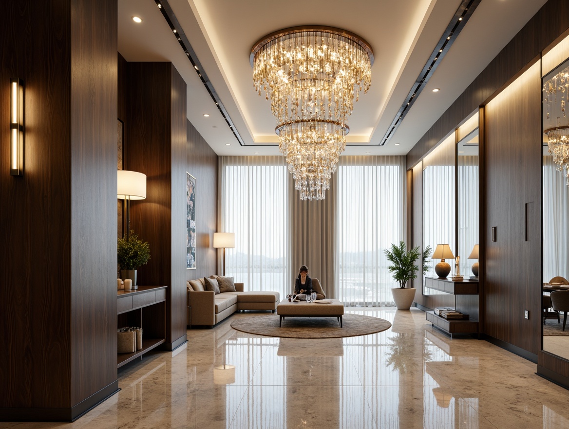 Prompt: Luxurious modern interior, grand crystal chandelier, sleek metal sconces, warm ambient glow, soft LED strip lighting, minimalist pendant lamps, natural daylight pouring in, sheer white curtains, polished marble floors, high ceilings, elegant decorative fixtures, metallic accents, sophisticated ambiance, dramatic shadowing, 3/4 composition, shallow depth of field, realistic textures.