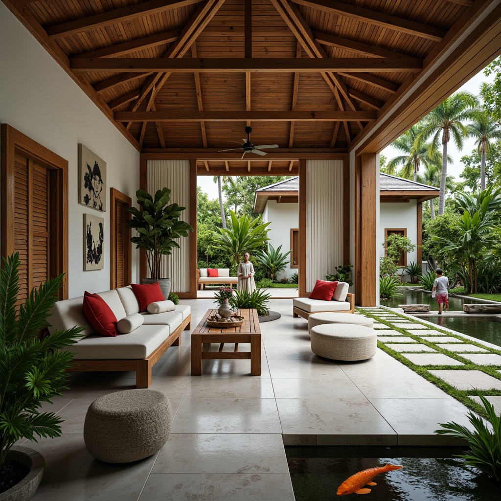 Prompt: Spacious villa, open floor plan, high ceilings, natural wood accents, Asian-inspired furnishings, sliding glass doors, lush greenery, tropical plants, Buddha statues, tranquil water features, koi ponds, stone walkways, minimalist decor, warm ambient lighting, shallow depth of field, 1/1 composition, panoramic view, realistic textures, soft warm colors, cultural ornaments, intricate wood carvings.