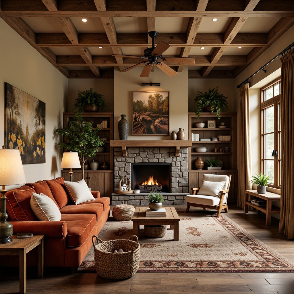 Prompt: Cozy Craftsman living room, earthy tone wood furniture, plush velvet sofas, rustic wooden coffee tables, vintage metal lamps, natural fiber rugs, woven baskets, traditional built-in cabinetry, stone fireplaces, warm beige walls, soft warm lighting, shallow depth of field, 1/1 composition, realistic textures, ambient occlusion.