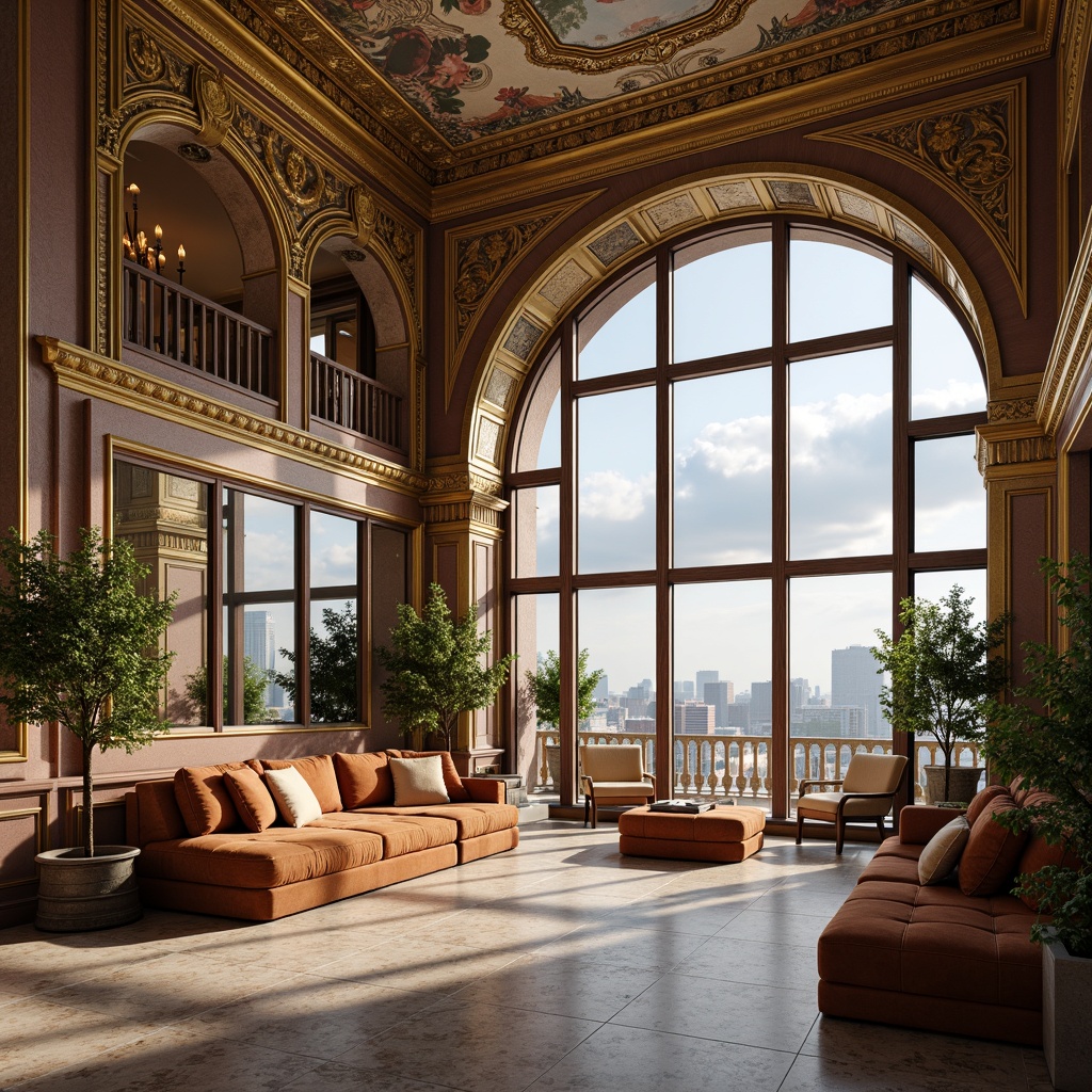 Prompt: Luxurious penthouse, ornate gold accents, delicate filigree patterns, intricately carved wooden panels, plush velvet furnishings, crystal chandeliers, grandiose staircases, sweeping archways, lavish marble floors, gilded mirrors, Rococo-inspired frescoes, soft warm lighting, shallow depth of field, 1/2 composition, realistic textures, ambient occlusion, panoramic view, dramatic clouds, bright sunny day.