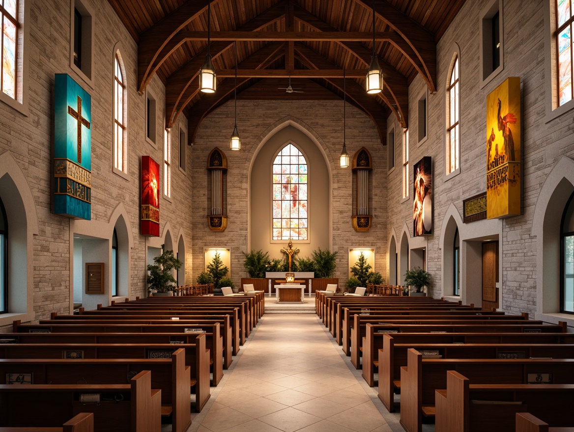 Prompt: Contemporary church interior, natural stone walls, wooden accents, stained glass windows, ornate metal fixtures, plush pews, vibrant worship banners, ambient soft lighting, shallow depth of field, 3/4 composition, warm color palette, minimalist decor, subtle textures, organic shapes, sacred symbols, intricate carvings, luxurious fabrics, elegant curves, peaceful atmosphere.