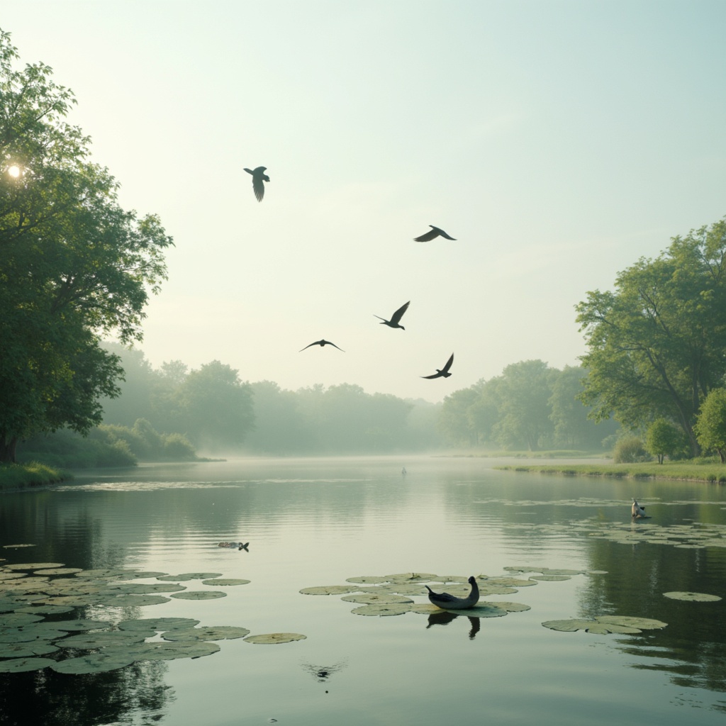 Prompt: Soaring birds, peaceful lake, gentle ripples, soft water lilies, lush greenery, misty atmosphere, warm sunlight, calming ambiance, serene color palette, pastel hues, soothing blue tones, pale greens, creamy whites, natural wood accents, earthy textures, subtle gradient effects, shallow depth of field, 1/1 composition, realistic reflections, ambient occlusion.