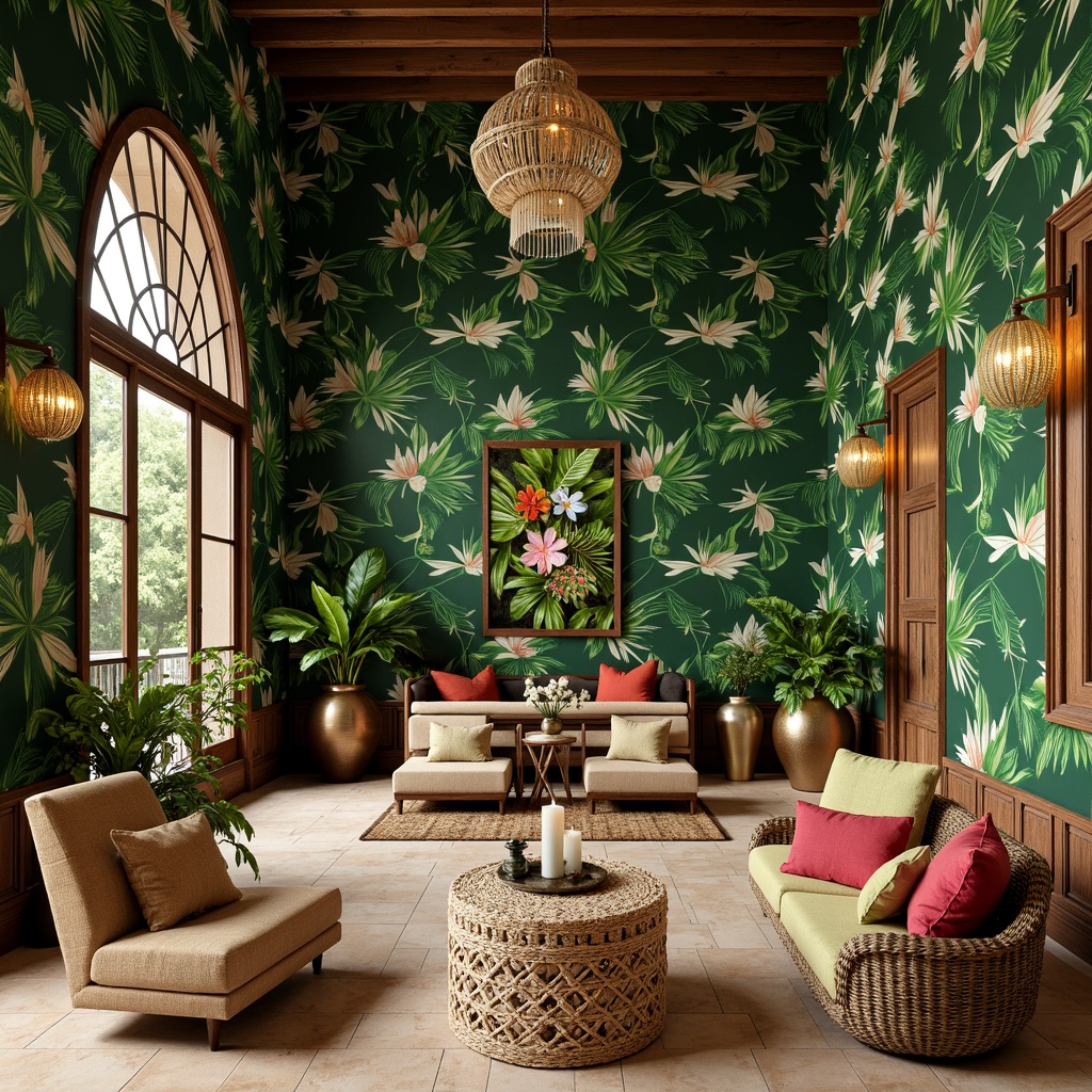 Prompt: Vibrant tropical interior, lush green walls, exotic floral patterns, natural woven fibers, rattan furniture, carved wooden accents, colorful tassel trim, bold geometric shapes, statement lighting fixtures, metallic gold hardware, plush velvet textiles, oversized leaf-shaped decorations, botanical-inspired artwork, warm beige stone flooring, soft diffused lighting, 1/1 composition, realistic rendering.